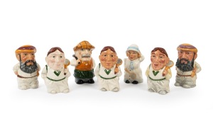 Seven Staffordshire character jugs by "Manor", mostly tennis players, but also two cricket (W.G. Grace); 16cm.