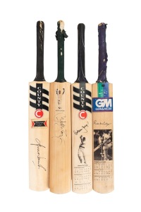 Four full-size cricket bats, one "County" signed by Graham Yallop, one signed by Justin Langer, one "Gunn & Moore" with Richard McCosker facsimile signature, and one "County" signed by unknown; length of each 85cm.