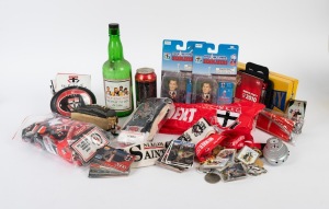 ST. KILDA: A large and diverse accumulation of branded items, mostly from the 1990s and later, including keyrings, membership cards, figurines, lanyards, trading cards, socks, toy cars, a headband, and much else besides, plus an "Up There Cazaly" hurdy-gu