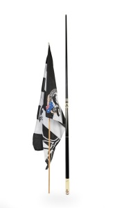 COLLINGWOOD: A Mitchell pool cue (H) with Magpies iconography (length 146cm), plus a nylon Collingwood flag on dowel (length 120cm). (2 items)