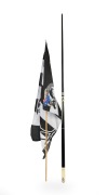 COLLINGWOOD: A Mitchell pool cue (H) with Magpies iconography (length 146cm), plus a nylon Collingwood flag on dowel (length 120cm). (2 items)