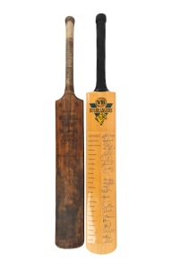 A late-2000s full-size Victoria Bushrangers cricket bat with player list and twenty-three original signatures including those of Brad Hodge, Cameron White, and David Hussey, together with a late-1950s Crockett "Norm O'Neill Hydromatic Driver" cricket bat.