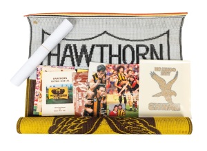 HAWTHORN: A diverse accumulation of Hawthorn Football Club items, including a circa 1980s 74 x 87cm banner, a large iron-on decal, nine 1970s-80s Annual Reports, and one other. (12 items)