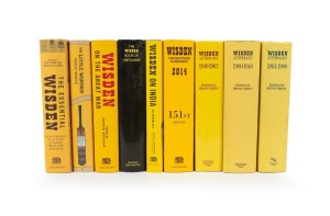 A shelf of late-20th/early-21st century hardcover Wisden publications, all with dust jackets present; titles include "Wisden Anthology 1864-1900", "Wisden Anthology 1900-1940", "Wisden Anthology 1940-1963", "Wisden on the Great War", and "Wisden on India"