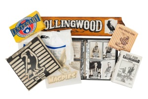 COLLINGWOOD: A collection of club items including a 1960s Collingwood Club Song record, a 71 x 14cm timber sign, a vintage Magpies cushion, a 1997 Spicers Collingwood Team of the Century "Photo Card Collection" comprising 64 large-format trading cards in 