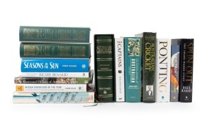 CRICKET BOOKS - AUSTRALIA: A shelf of hardcover editions, including noted "Australian Cricket - The Game and the Players" by Jack Pollard [Lane Cover, 1982, limited leather-bound edition #164/452 in slipcase], "First-Class Cricket in Australia - Vols. 1 &