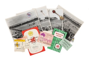 A diverse group of 1956 Melbourne Olympics and 1958 Wales British Empire and Commonwealth Games items and ephemera; noted 1956 pin badge, spoon, bottle cap (flattened), and Main Stadium athletics ticket. (qty.)