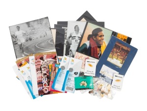 A collection of autographs on piece or photograph, the signatories ostensibly all former Olympians (Raelene Boyle, Ron Clarke, Betty Cuthbert, Dawn Fraser, Cathy Freeman, Shane Gould, Peter Norman, Jessie Owens, and others), together with a small accumula
