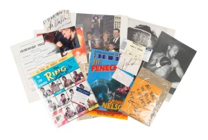 BOXER AUTOGRAPHS: A collection of nine signatures on piece, photograph, or cloth patch, plus some ephemera; signatories include Johnny Famechon, Anthony Mundine, Sergey Rabchenko, Sugar Ray Robinson, Lionel Rose, Alexis Arguello, Carlos Monzon, and others