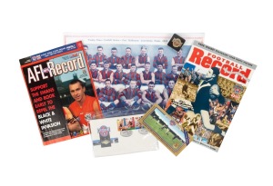 BOB SKILTON: Two different issues of Football Record, both signed to the cover by Bob Skilton, together with a 1929 Weekly Times Football Series Port Melbourne team photo (laminated), and some AFL Centenary items.