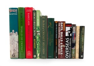 CRICKET BOOKS: A shelf of mostly hardcover editions, including noted "Ken Kelly Cricket Reflections - Five Decades of Cricket Photographs" by David Lemmon [Melbourne, 1985], "Barclays World of Cricket" by E.W. Swanton [Sydney, 1986], "Pageant of Cricket" 
