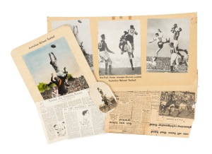 SOUTH MELBOURNE SWANS: A range of items, including a hand-coloured photograph of Bob Pratt taking a spectacular mark; a display featuring three examples of Pratt in the air, an Argus front page colour pic of Fred Goldsmith, etc. (6 items).