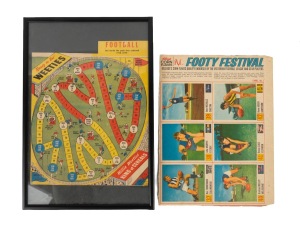 1971 KELLOGS "VFL Footy Festival" complete panel of six uncut cards from the back of a ceral box (#37 - 42, incl. Des Tuddenham, John Nichols, and Robin Close); together with a football game board cut from the back of a "Willie Weeties" cereal box. (2 ite