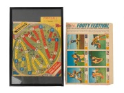 1971 KELLOGS "VFL Footy Festival" complete panel of six uncut cards from the back of a ceral box (#37 - 42, incl. Des Tuddenham, John Nichols, and Robin Close); together with a football game board cut from the back of a "Willie Weeties" cereal box. (2 ite