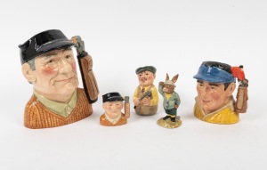 ROYAL DOULTON: A group of golf ceramics comprising 1970 D6623 "Golfer", 1970 D6757 "Golfer", 1984 DB32 "Bogey Bunnykins", 1985 D6740 "The Golfer", and 1997 D7064 "The Golfer"; the tallest 20cm. (5 items)