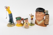 ROYAL DOULTON: A group of golf ceramics comprising 1970 D6623 "Golfer", 1985 D6740 "The Golfer", 1990 HN3276 "Teeing Off", 1990 D6865 "The Golfer", and 2001 DB255 "Golfer Bunnykins"; the tallest 23cm. (5 items)