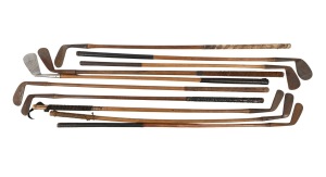 A group of early-20th century hickory-shafted golf clubs; designations include mid iron, 2-iron, mashie niblick, and deep face mashie; origins include Dovercourt, Glasgow, and Kinghorn. (10 items)