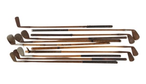 A group of early-20th century hickory-shafted golf clubs; designations include jigger, mashie, niblick, and putting iron; origins include Edinburgh and Kinghorn. (11 items)