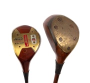 A circa 1970s left-handed Slazenger Bruce Devlin 4-wood golf club with steel shaft and persimmon head, together with a circa 1920s left-handed Spalding hickory-shafted brassie. (2 items)