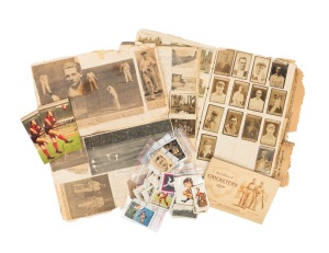 Various cigarette and trade cards - some loose, and some in a very dilapidated scrapbook which includes newspaper and magazine cuttings; mainly sports. Very mixed condition. (qty).
