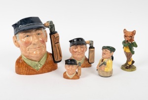 ROYAL DOULTON: A group of golf ceramics comprising 1970 D6623 "Golfer", 1970 D6756 "Golfer", 1970 D6757 "Golfer", 1985 D6740 "The Golfer", and 1999 SC5 "A Round with Foxy"; the tallest 20cm. (5 items)
