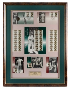 DON BRADMAN: Display incorporating eight 1997 Australia Post "Australian Legends" products, the central stamp pack featuring Bradman's original signature in permanent marker, with plaque at bottom that reads "Inaugural Australian Legends Stamp Issue 23rd 
