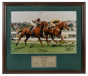 RACE OF THE CENTURY: Photograph depicting Bonecrusher and Our Waverley Star, featuring the signatures (8) of each horse's jockey/trainer/owner/strapper, together with a signed limited edition [#145/250] Peter Bowler illustration of same; both framed and g