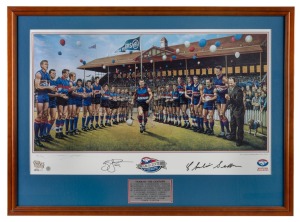 WESTERN BULLDOGS TEAM OF THE CENTURY: Limited edition [#393/500] reproduction of the 2002 Jamie Cooper oil painting, Official AFL Memorabilia, signed by the artist as well as players Brad Johnson and Charlie Sutton; framed and glazed, CoA present, 69 x 95