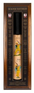 WAUGH RECORDS: Framed display comprising a full-size cricket bat signed by both Steve Waugh and Mark Waugh, the bat featuring hand-painted depictions of both players; limited edition #71/100, dimensions 109 x 35cm.