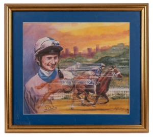 A framed and glazed horse-racing print, limited edition #97/100, signed by the artist and the jockey depicted; 51 x 57cm overall.