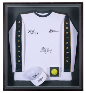 MARK PHILIPPOUSSIS: A Tennis Australia long-sleeved shirt, a "Yes OPTUS" peaked cap and a Slazenger tennis ball, all attractively box-framed with each item signed by Philippoussis; accompanied by a James Spence Authentication Certificate; overall 93 x 84 