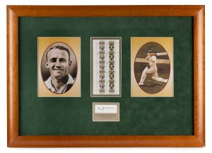 DON BRADMAN: Display incorporating a nice example of Bradman's pen signature on piece, a 1997 Australia Post "Australian Legends" Bradman 45c stamp sheet, and two photographs; plaque reads "To commemorate the launch of the Australian Legends stamp - 23 Ja