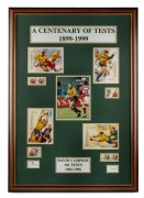 DAVID CAMPESE: "A Centenary of Tests 1899-1999" display incorporating a signed photograph with dedication to former Australia Post CEO Graeme John; limited edition #1/500; attractively framed and glazed, 86 x 61cm overall.