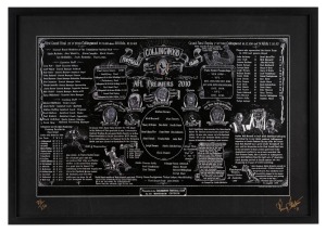 COLLINGWOOD'S 2010 PREMIERSHIP: A limited edition print (#86/250) of an original etching/engraving by artist, Perry Fletcher, who has signed at lower right. An intricate and detailed work highlighting the scores of the drawn first Grand Final and the repl