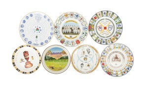 Group of Coalport commemorative plates, comprising 1974 Worcestershire County Champions, 1977 Kent and Middlesex County Champions, 1980 Centenary Test, 1981 Nottinghamshire County Champions, 1982 Ashes Centenary, 1984 Centenary of Test Cricket at Old Traf