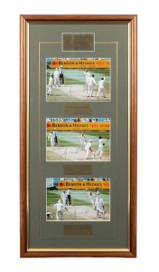 SHANE WARNE'S 1994 HAT TRICK: Display incorporating three photographs, each of which signed by Warne in blue pen, with metal plaques captioning the action "Defreitas for a duck LBW to a Warne flipper - Gough for a duck Caught by wicket keeper Healy - and 
