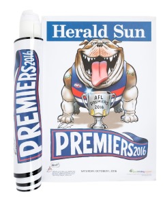 PREMIERSHIP POSTERS: Group comprising 2009 Mark Knight Geelong Cats (2), 2012 Mark Knight Sydney Swans (1), 2016 WEG Western Bulldogs (4), and 2016 Mark Knight Western Bulldogs (7); mix of paper, card stock, and laminated examples. (14 items)