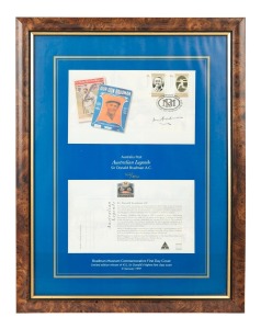 DON BRADMAN: A pair of attractively framed and glazed Donald Bradman commemorative first day covers, each featuring an original Bradman signature in permanent marker; the larger 45 x 34cm overall with Bradman Museum CoA verso. (2 items)
