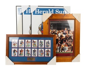 WESTERN BULLDOGS: Group of framed or mounted items, comprising 1997 Chris Grant "Marks of the Decade" (signed), 2001 Select "Authentic" 12-card display, and three 2016 Herald Sun Mark Knight Premiers posters; the largest 64 x 46cm overall. (5 items)