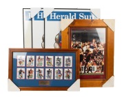 WESTERN BULLDOGS: Group of framed or mounted items, comprising 1997 Chris Grant "Marks of the Decade" (signed), 2001 Select "Authentic" 12-card display, and three 2016 Herald Sun Mark Knight Premiers posters; the largest 64 x 46cm overall. (5 items)