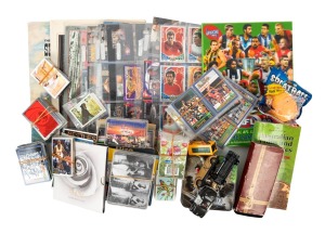 COLLECTION REMAINDER: A diverse accumulation of items including a quantity of AFL cards (Select, Cazaly Classics, Official AFL), several Star Trek, James Bond, and basketball cards, a stack of phone cards, some books, a gold-plated fountain pen, and more.