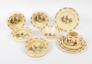 ROYAL DOULTON: A collection of c. 1930s-50s Bunnykins golf-motif tableware, several marked with artist's name "Barbara Vernon"; mixed condition. (10 items)