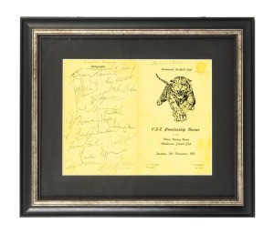 RICHMOND 1973 PREMIERSHIP: The programme/menu from the November 13th VFL Premiership dinner held in the main dining room at the Melbourne Cricket Club, with no fewer than eighteen signatures, including those of Kevin Bartlett, Francis Bourke, Laurie Fowle