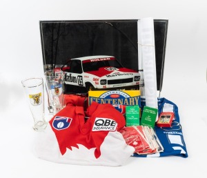 A collection remainder comprising seven 1990s-2000s WEG/Mark Knight Herald Sun cricket or rugby league posters, two VFL beer glasses, three Ardmona cricket photo card sets, fifteen c. 1980s Coffer Sports soccer team cloth badges, a 45 x 56cm framed Peter 