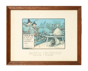 FRAMED ITEMS - GOLF: A group of five early-20th century Charles Crombie/Perrier "Rules of Golf" prints, together with some cigarette card reprints and a watercolour; the largest 30.5 x 38cm overall. (7 items)