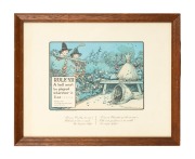 FRAMED ITEMS - GOLF: A group of five early-20th century Charles Crombie/Perrier "Rules of Golf" prints, together with some cigarette card reprints and a watercolour; the largest 30.5 x 38cm overall. (7 items)