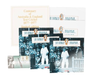 "Centenary of Australia & England Test Cricket 1877-1977" limited-edition Time Life Books 330 x 345mm print folio, containing booklet, scorecard, and six prints; together with three Australia Post "Sir Donald Bradman Australian Legend" booklets (complete)