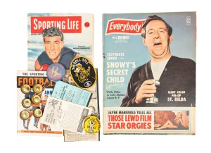 An accumulation of vintage Australian Rules items, including six 1960s SANFL bottle caps, a 1964 South Adelaide Neil Kerley Mobil Football Photo, some 1950s-60s magazines, and others, plus a Wimbledon 1952 ticket. (qty.)