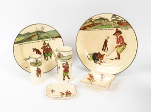 ROYAL DOULTON - CHARLES CROMBIE: Group of early-20th century golf ceramics comprising plate D3395 "Give losers leave to speak, and winners to laugh", plate D3395 "Every dog has his day, and every man his hour", dish D5497E/11, dish D5497E/12, jug D3395/6 
