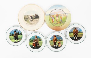 A group of golf-themed plates, comprising Eschenbach Guy Buffet Links Series ("The Optimist", "The Caddy", "Scotch on the Rock", and "John Ball"), "Golf Critics" by Grimwade, and "The Sabbath Breakers" by Delano Studios; the widest 27cm. (6 items)